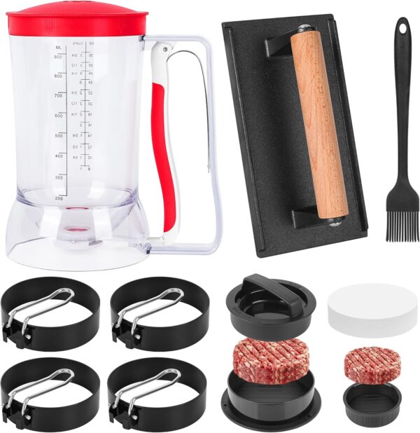 Blackstone Breakfast Kit Pancake Batter Dispenser 9PCS Griddle Accessories Set - Included Pancake Batter Dispenser Bacon Press Egg Rings Hamburger Press Patty Maker Brush and Oil Separating Paper - Image 2