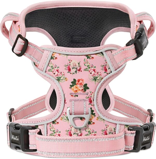 HEELE Dog Harness, Anti-Pull Reflective Dog Harness with Padded Handle for Medium Large Dogs, 1 Buckle on the Right Neck Strap Makes it Easy to Put on and Take Off, Floral-Pink, M - Image 2