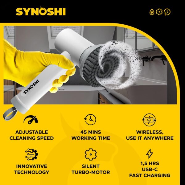 Synoshi Power Spin Scrubber Cordless, Electric Scrubber, Electric Cleaning Brush 3 Replaceable Heads, 2 Speeds, Perfect for Bathroom, Floor, Scrubbing Brush for Household - Image 4