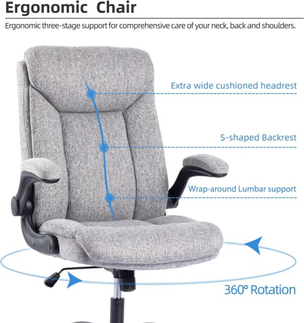 MZLEE Executive Office Chair, Ergonomic Computer Desk Chair Swivel Work Chair with Flip-up Armrest, Adjustable Height, Comfortable for Office Home Gaming(Grey Fabric) - Image 4
