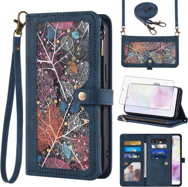 Asuwish Phone Case for Samsung Galaxy A35 5G Wallet Cover With Screen Protector and Crossbody Wrist Strap Leather Flip Pattern Zipper Credit Card Holder Stand Cell SM-A356E A356B A356U Women Men Blue - Image 2
