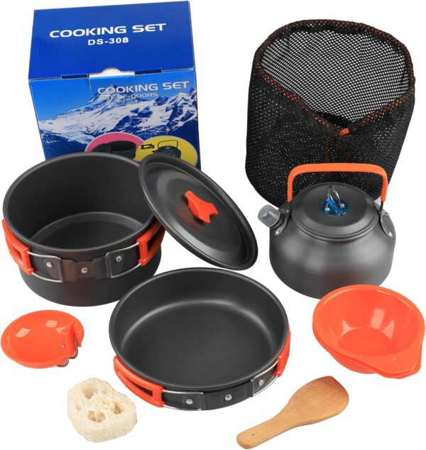 DS-308 Camping Cookware Set - Lightweight, Ideal for 4-5 People, Non-Stick Kettle, Pots, and Pans Mess Kit with Bowls and Soup Spoon for Outdoor Cooking, Backpacking, and Picnic,Multifunctional - Image 2