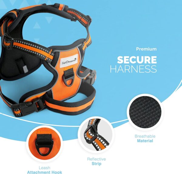 FurDreams Dog Harness – Secure Padded Vest Harness, Comfortable Material with Reflective Strips, Non-Restrictive, No Choke Fit with 4 Adjustable Straps, No Pull, Clip On Easy (Small, Orange) - Image 4
