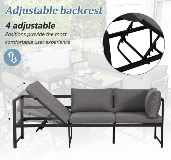 Patio Set for 6-7 People - Outdoor Corner Sofa with Adjustable Backrest, 5-Piece Garden Furniture Set, Glass Coffee Table, Cushions, 2 Sofa Stools, Grey - Image 7