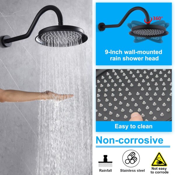 Matte Black Thermostatic Shower Mixer Set, Brass Concealed Rain Shower System with 9 Inches Round Shower Head, Handheld and Tub Spout, 3 Outlets - Image 3