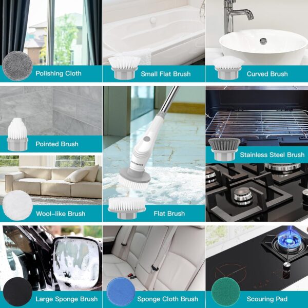 Homtronics Electric Spin Scrubber, [IPX8 Waterproof] 15 IN 1 Cordless Electric Cleaning Brush with 10 Replaceable Brush Heads, 120cm Adjustable Handle Power Scrubber for Bathroom, Floor, Kitchen, Car - Image 8