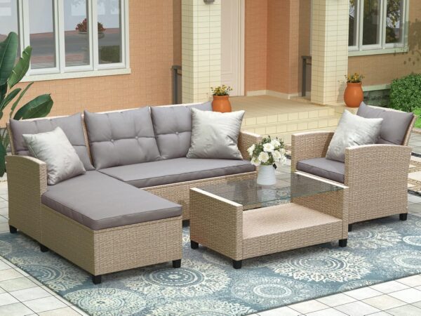 YOPTO Outdoor PE Wicker Patio Furniture Set 4 Piece,Ratten Sectional Conversation Sofa with Seat Cushions and Table for Balcony Lawn and Garden,Brown - Image 2