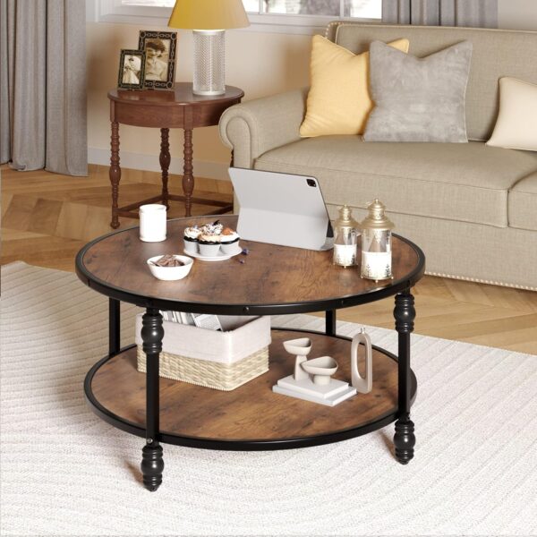IDEALHOUSE Round Coffee Table for Living Room Rustic Center Table with Storage Shelf Wood Circle Coffee Table with Sturdy Metal Frame, Easy Assembly(Brown) - Image 5