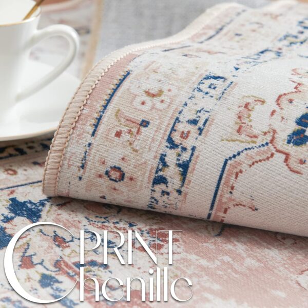 TOPICK Area Rug 120x180cm Distressed Pink Floral Vintage Rug Machine Washable Rug Chenille Print Floor Cover Indoor Thin Rug Non Slip Dining Room Living Room Office Bedroom Hall - Image 5