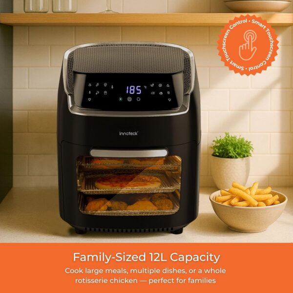 Innoteck Kitchen Pro 12L Digital Air Fryer Oven - 1800W, 8 Presets, Rotisserie function Large Digital Touch Panel Dishwasher Safe Accessories - Black & Silver - Image 3