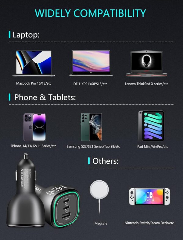 165W USB C Car Charger Fast Charging,UOUCOO Type C Car Charger PD3.1 140W PD3.0 100W Super Car Phone Charger Fast Charge Adapter for i Phone15Pro Samsung S22 S21 iPad M acBook pro Laptop Steam Deck - Image 6