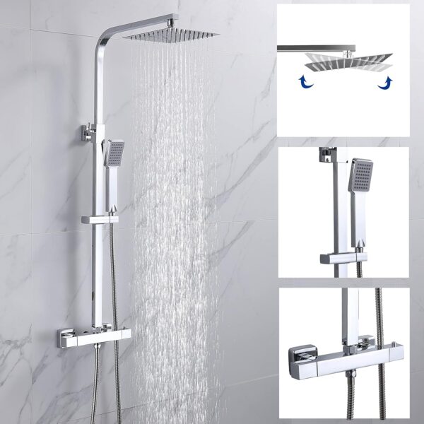 Huibathroom Thermostat Shower System, Square Thermostatic 38 °C Shower Mixer Set with Rainfall Shower Head, Handheld Shower, Riser Rail, Adjustable Height Anti Scald Chrome Shower Set - Image 2
