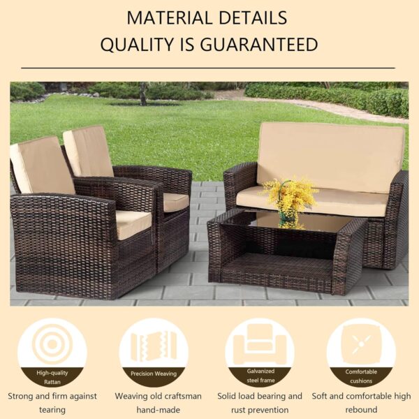 4 Pieces Patio Conversation Set, Outdoor PE Rattan Wicker Sofa Furniture Set with Soft Cushions and Glass Coffee Table for Backyard Lawn Garden Balcony Porch Poolside,Brown - Image 3
