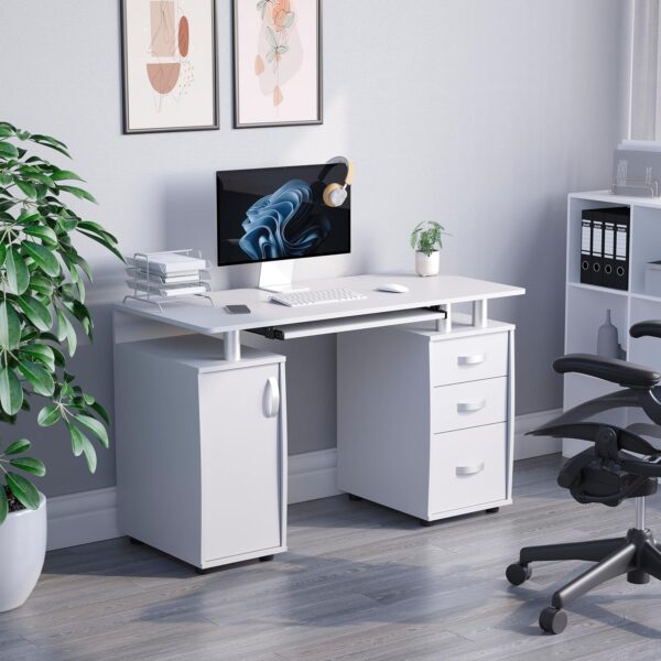 Vida Designs Otley Computer Desk with Shelves and 3 Drawers, Home Office PC/Laptop Gaming Table, Study Workstation with Keyboard Tray, Furniture, White - Image 2