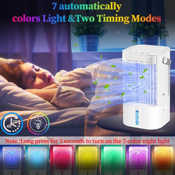 Portable Air Cooler 4-In-1 Mini Mobile Air Conditioner Fan,Air Cooling Fan and Humidifier with 3 Fan Speeds,Personal Evaporative Coolers,Timer&7 Colors LED light,Air Conditioning for Office Desk-White - Image 8