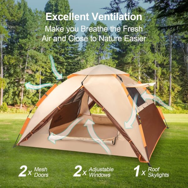 BETENST Camping Tent, Pop up Tent 3 Person Family Dome Tent Waterproof Windproof with 2 Mesh Doors, 2 Mesh Windows, Roof Skylights, 2 in 1 Double Layers, Storage Bag for Camping Hiking Backpacking - Image 9