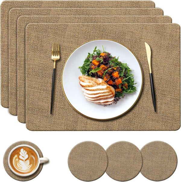 YUNJUER Leather Placemats and Coasters Set, Heat-Resistant 212 °F, Non-Slip and Waterproof, Easy to Clean, PU Tablemats for Home, Kitchen, Restaurant, Outdoor Dining Table, 8 Pieces, 43x30cm, (Beige) - Image 2