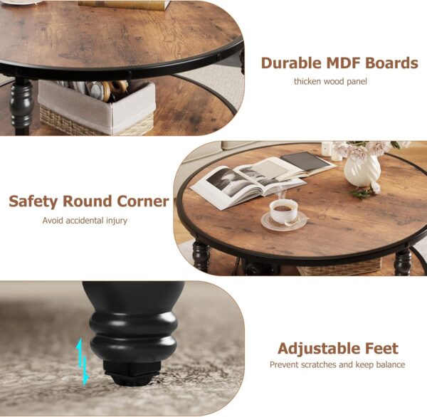 IDEALHOUSE Round Coffee Table for Living Room Rustic Center Table with Storage Shelf Wood Circle Coffee Table with Sturdy Metal Frame, Easy Assembly(Brown) - Image 7