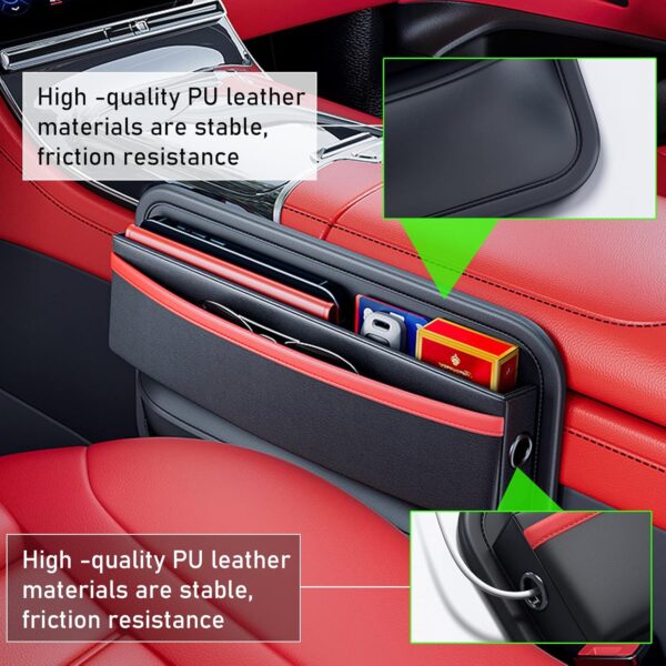 Yumzeco Car Seat Gap Filler, 2PCS Car Front Seat Side Gap Storage Organizer. Seat Gap Filler with PU Leather Storage Organizer. Car Seat Crevice Slit Pockets for Phones,Cards and Keys（Black&Red） - Image 4
