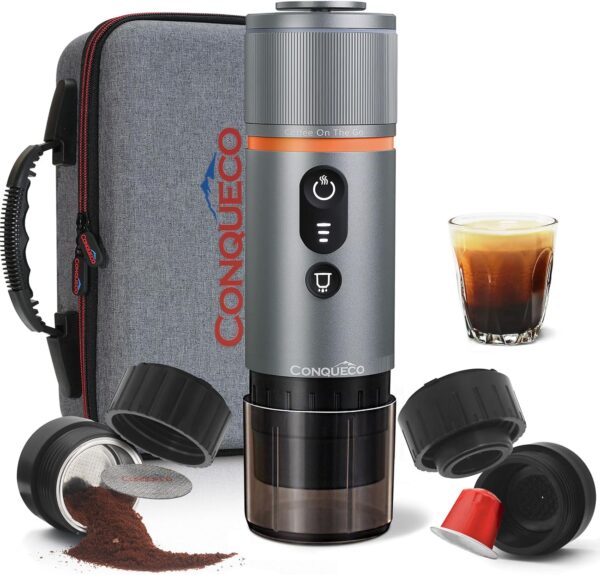 CONQUECO Portable Espresso Machine Travel: 12v Car Coffee Maker with Battery for Camping - Small Electric - 2.5 Mins Heating - Set With Ground Coffee & NS Capsule & Handbag for RV, Hiking, Office - Image 2
