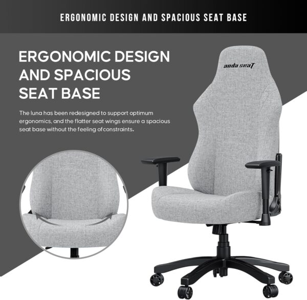 Anda Seat Luna Large Fabric Gaming Chair for Adults - Ergonomic Reclining Video Game Chairs, Computer Home Fabric Office Chair, Heavy Duty Neck & Back Lumbar Support - Grey Folding Recliner Seat - Image 8