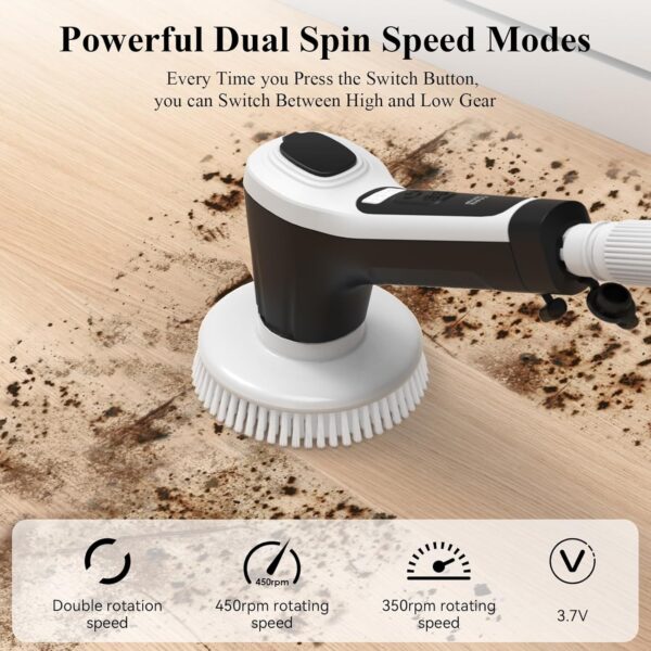 Minthouz Electric Spin Scrubber, Electric Cleaning Brush with 6 Replaceable Brush Heads and Extension Arm Electric Scrubbing Brush 90mins Work Time Power Scrubber for Kitchen, Car, Tile, Wall, Floor - Image 3