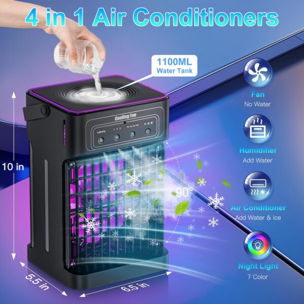 Portable Air Conditioners, 4-IN-1 Portable AC Unit with 3 Speeds, 3 Mist Settings, 7 Night Light & 2-8H Timer Air Conditioner Portable, Personal Small Mini Air Conditioner Air Cooler for Room Camping - Image 3