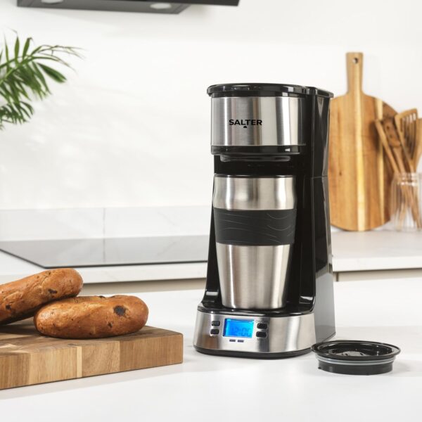 Salter Digital Coffee Maker – One Cup Filter Coffee Machine, Washable & Reusable Filter, Includes 420ml Stainless Steel Travel Mug, 3-4 Minutes Brewing, Suitable For Ground Coffee / Pads, Timer, 750W - Image 5