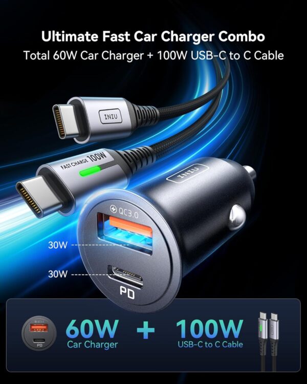 INIU Car Charger, Cigarette Lighter USB Charger Total 60W [C 30W+A 30W], 12V USB Socket, [1m] 100W PD3.0 Type C Cable Fast Charge, Car Phone Charge Adapter for iPhone 16 Pro Max iPad Samsung Laptops - Image 3