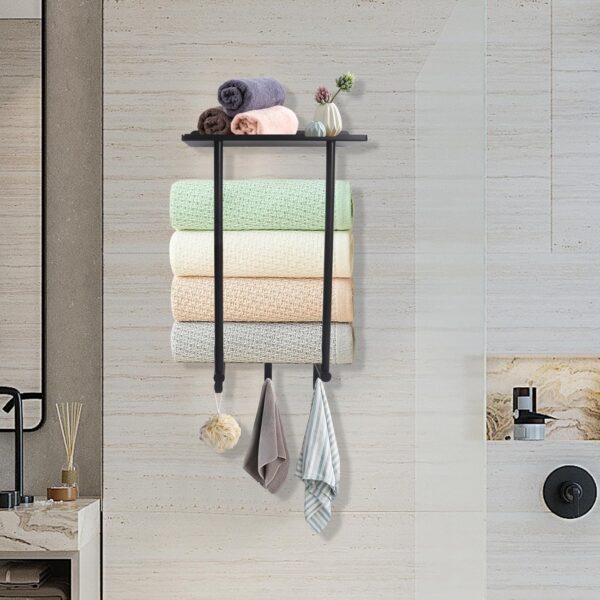 Gzsekken Wall Mounted Towel Rack,Towel Holder Towel Storage with Metal Shelf & 3 Hooks,Steel Towel Rack for Bathroom Wall, Can Hold 3 Large Size Rolled Towel Holder Organizer, Black - Image 7