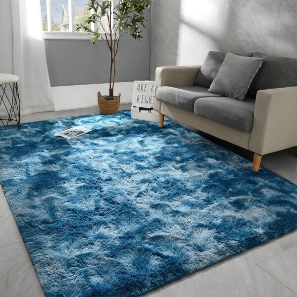 Hutha 4x6 Large Area Rugs for Living Room, Super Soft Fluffy Modern Bedroom Rug, Tie-Dyed Dark Blue Indoor Shag Fuzzy Carpets for Girls Kids Nursery Room Home Decor - Image 2