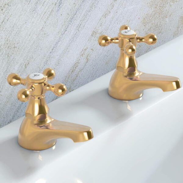 Deva Tudor Basin Traditional Gold Brass Victorian Style-Hot & Cold Cross Head Lever Handle-Pair of Bathroom Tap Toilet Sink Wash Faucet Set of 2 TUD01/501 – 12 Year Warranty, Pieces - Image 2