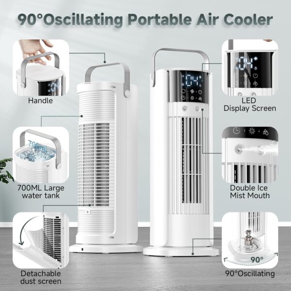 Portable Air Conditioner 5-in-1 Evaporative Air Cooler & Remote Control,90" Tower Fan,4 Fan Speeds,Automatic Oscillation,10 Hour Timer and Sleep,Humidification Mode for Office,Home,Room,Bedroom - Image 4