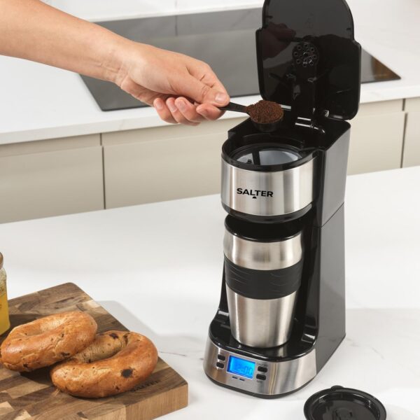 Salter Digital Coffee Maker – One Cup Filter Coffee Machine, Washable & Reusable Filter, Includes 420ml Stainless Steel Travel Mug, 3-4 Minutes Brewing, Suitable For Ground Coffee / Pads, Timer, 750W - Image 4