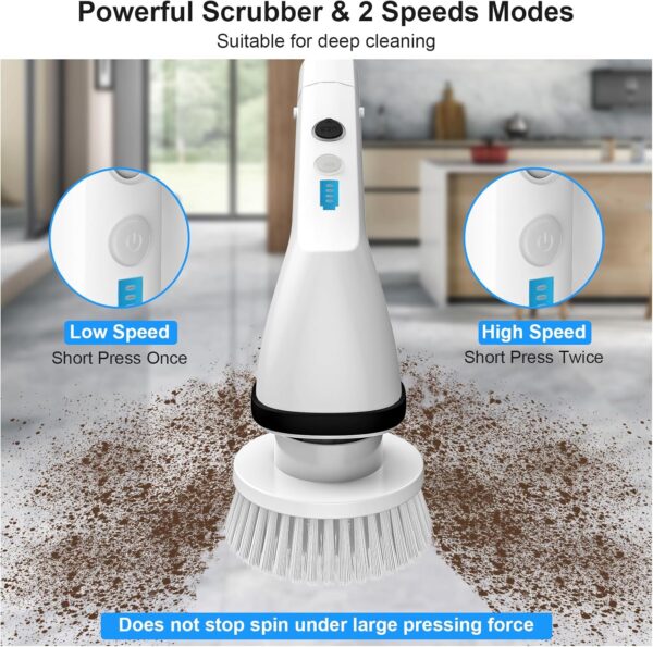 Electric Spin Scrubber, Wesstun IPX6 Waterproof Electric Cleaning Brush, Cordless Electric Scrubber with 2 Speeds Modes & Extendable Handle, 7 in 1 Brush Heads for Bathroom, Kitchen & Floors (White) - Image 4