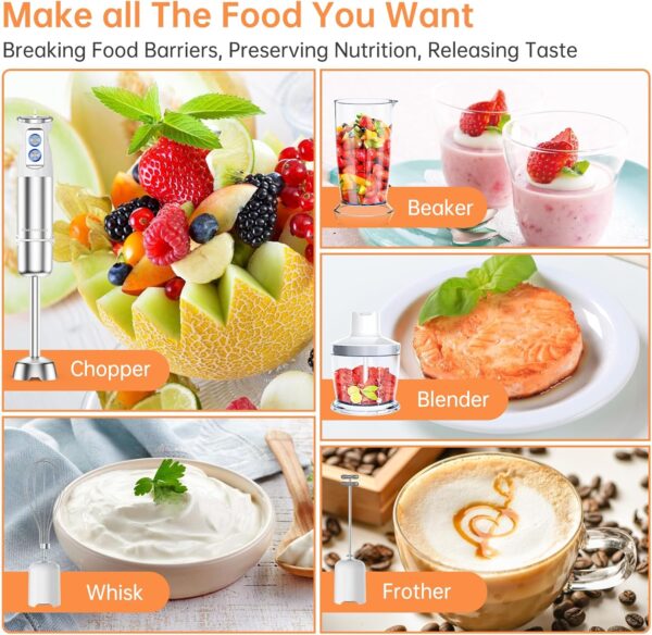 Hand Blender, 5-in-1 Stainless Steel Electric Stick Blender 1000W, 12 Speeds Adjustable, Baby Food Blender with Egg Whisk, Frother, 500ml Chopper, 600ml Measuring Cup, BPA Free Food Processor - Image 6