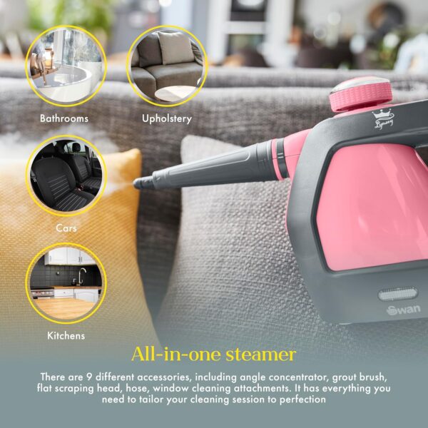 Swan x TV’s Queen of Clean SC17350QOCN Handheld Steam Cleaner with 3 Steam Pressure Settings, 22-28g/min Steam Rate, 9 Attachments and Extra-Long 5m Cable, 220ml, Pink - Image 4