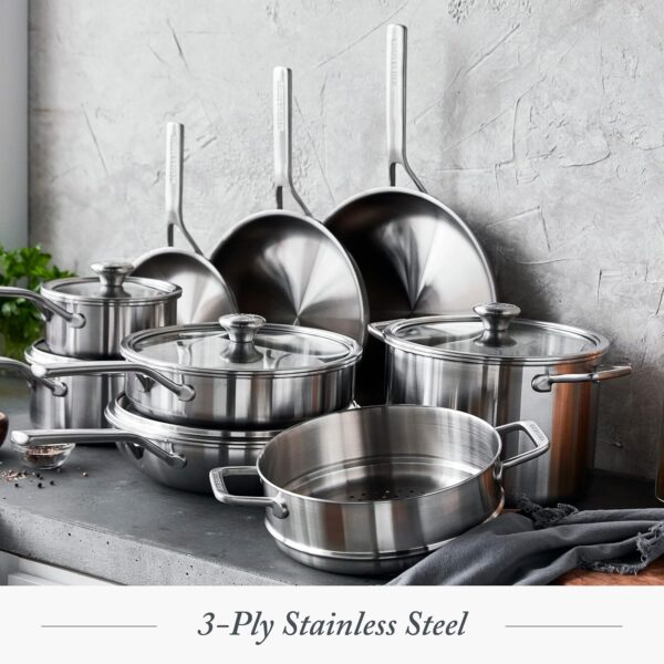 Merten & Storck Tri-Ply Stainless Steel Induction 14 Piece Cookware Pots and Pans Set, Includes Frying Pans, Saucepans, Stockpot, Lids, Steamer, Multi Clad, Induction, Oven Safe, Silver - Image 3