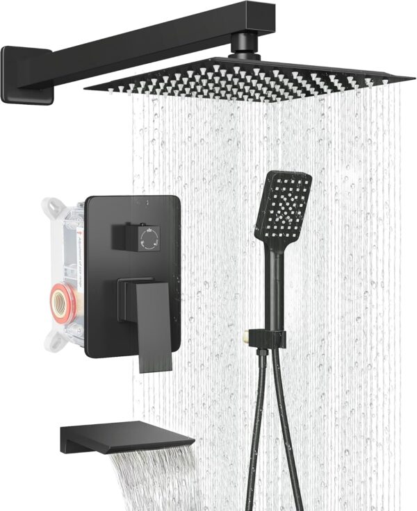 LCEVCGK Shower Faucet Set Complete Matte Black Shower System with 10 inch Square Rainfall Shower Head 3-Function Handheld Shower Waterfall Bathtub Spout Rain Shower Combo Set Bathroom Wall Mounted - Image 2