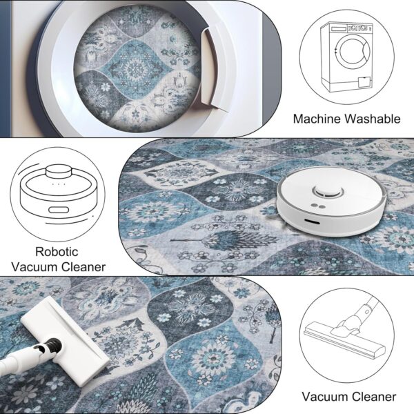 Xfrog Moroccan Small Area Rug, 80x150cm Washable Living Room Rug Ultra-Thin Rug for Entryway Non-Slip Stain Resistant Blue Carpet for Bathroom Laundry Bedroom Kids Room - Image 5
