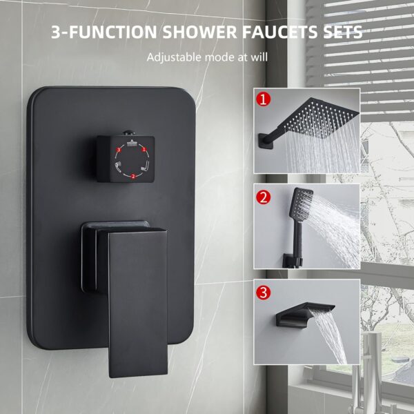 LCEVCGK Shower Faucet Set Complete Matte Black Shower System with 10 inch Square Rainfall Shower Head 3-Function Handheld Shower Waterfall Bathtub Spout Rain Shower Combo Set Bathroom Wall Mounted - Image 5