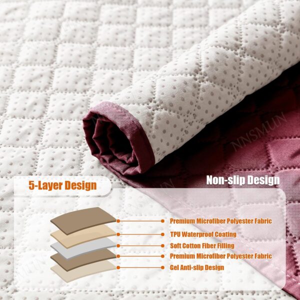 NNSMUN Sofa Armrest Cover 3/4/5Pcs, Waterproof and Nonslip Armchair Covers for Arms Headrest, Sofa Slipcover with Side Pocket, Quilted Protector for Pets Leather Couch (Wine Red,1 Seater(3pcs)) - Image 7