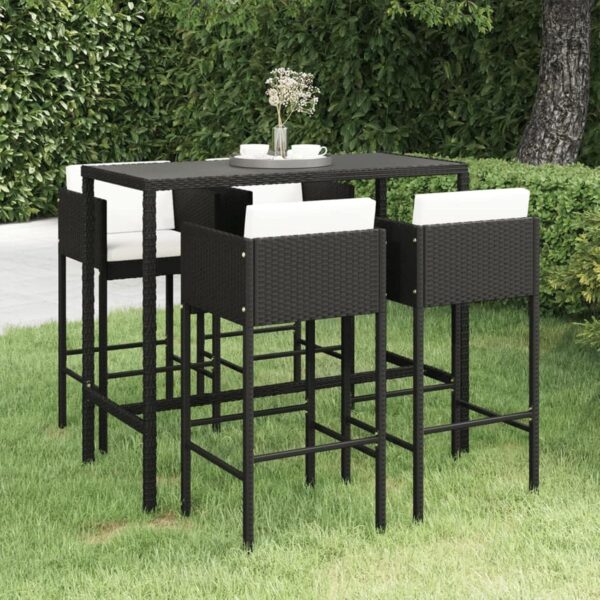 Outdoor Garden Bar Set w/Cushion Poly Rattan Bar Table & Stool 5 Piece Furniture Set Black Perfect for Gardens Patio & Deck - Image 7