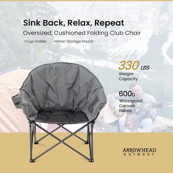 ARROWHEAD OUTDOOR Oversized Heavy-Duty Club Folding Camping Chair w/External Pocket, Cup Holder, Portable, Padded, Moon, Round, Saucer, Supports 330lbs, Carrying Bag, USA-Based Support - Image 5