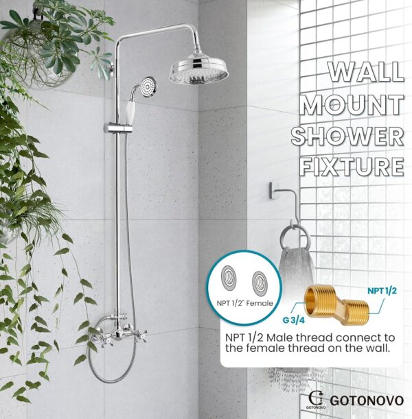 gotonovo Luxury Exposed Shower Faucet Set Bathroom Shower System 8 Inch Wall Mount Rainfall Shower Head with Handheld Spray Cross Double Handle Shower Fixture Adjustable Straight Rod Polish Chrome - Image 4