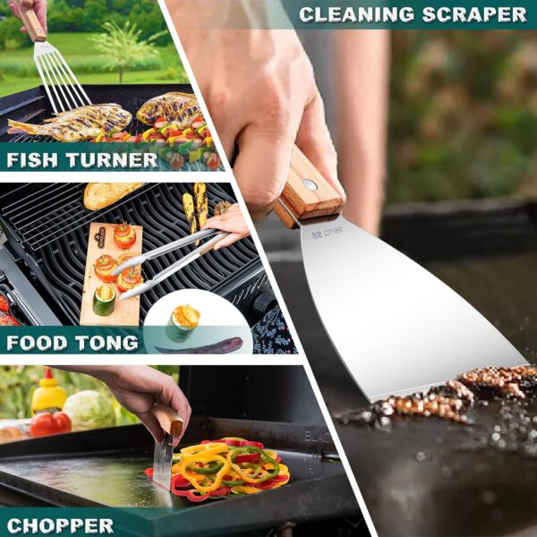 22Pcs Griddle Accessories Kit(18/10 Stainless Steel), Joyfair Outdoor Flattop Grill Accessory Set, Commercial Grade BBQ Tools for Camping Grilling Cooking, Rust-Free & Easy Cleaning (Wooden Handle) - Image 6