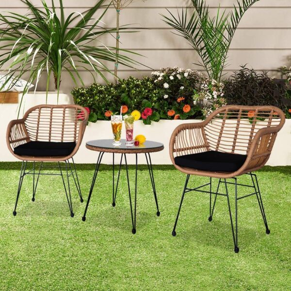 Rattan Bistro Set - 3 Pieces Patio Balcony Bistro Set, Patio Furniture Lounge Outdoor Table Chairs Garden Furniture Wicker Cushion Glass Plate - Image 3