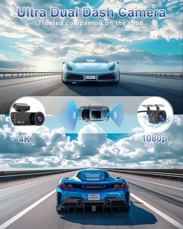DYNACAM Dash Cam Front and Rear 4K+1080P, Dash Cam Inserted 64GB SD Card, Built-in WiFi Dash Camera for Cars, Super Night Vision Dashcam, 24H Parking Mode, G-Sensor, Loop Recording Car Camera - Image 3
