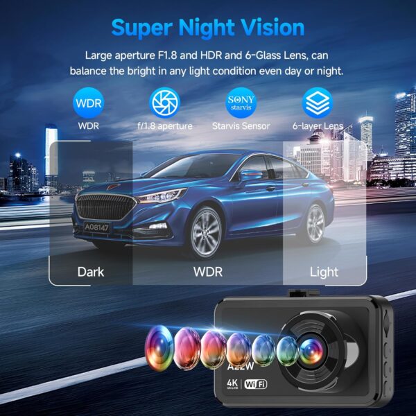 Dash Cam Front and Rear, 4K Dash Cam with 64GB Card, 5G WiFi Dual Car Camera for Cars, 3" IPS Dashcam with APP Control, USB Charger, 24H Parking Mode, G-Sensor, Night Vision, WDR, 170° Wide Angle - Image 7
