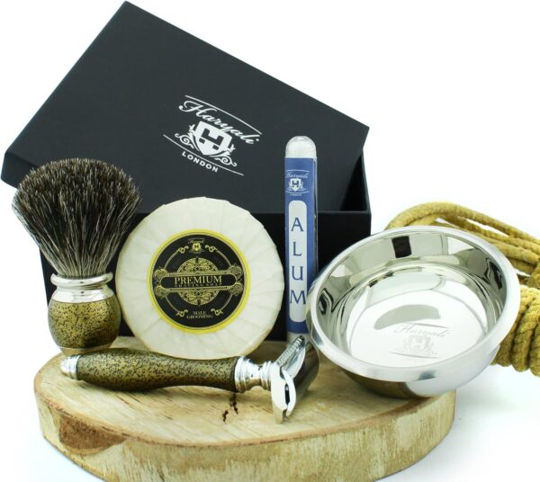 Haryali London Mens Shaving Kit, 5pc Shaving Brush Set, Gold Antique, Grooming Set, Badger Hair Shaving Brush, Double Edge Safety Razor, Shaving Soap and Stainless Steel Bowl, Aftershave Alum Stick - Image 3